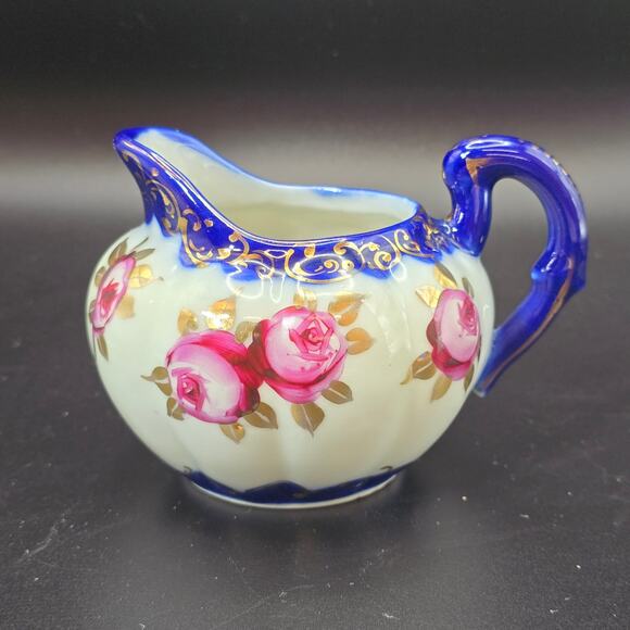 Vintage Porcelain Rose Creamer Sugar Set Blue Gold Gilt Accents - Picture 9 of 10